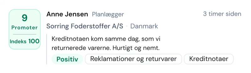 Et nyt svar fra en Promoter med kommentar, sentiment og tema